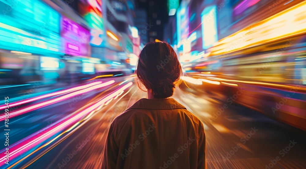 Fototapeta premium a woman is walking down a city street at night time