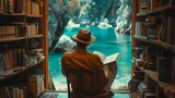 a man sitting in a chair reading a book in a library with a lake in the background