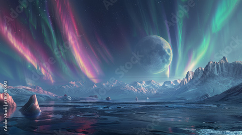 Fantasy Landscape, Surreal extraterrestrial scenery with luminescent auroras and floating landmasses.