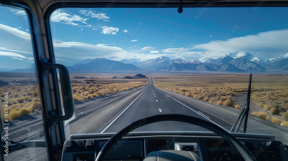 a truck driving down a highway with mountains in the background