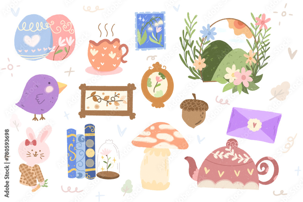 Fototapeta premium Illustrations of nature decorations, teapots, picnic items, nature backgrounds.