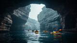 A group of people are floating in a canoe on a lake with blue clear water among caves and gorges