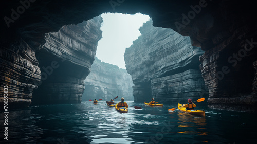 A group of people are floating in a canoe on a lake with blue clear water among caves and gorges photo