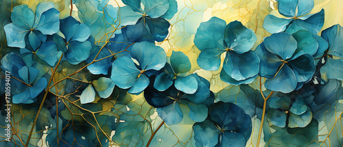 painting of a painting of blue flowers on a yellow background