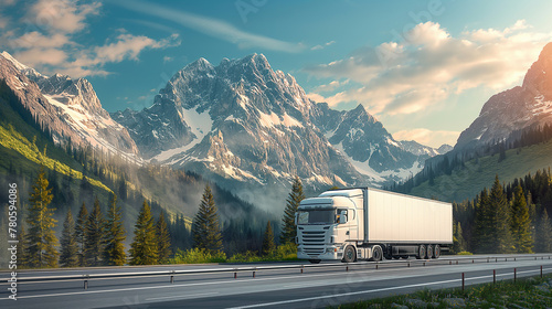  a white cargo truck with a white blank empty trailer for ad on a highway road in the united states. beautiful nature mountains and sky