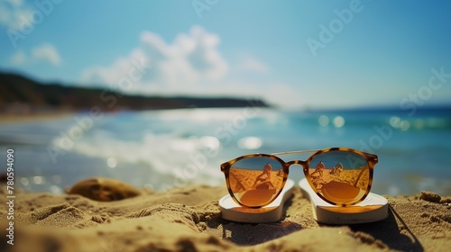 a pair of sunglasses sitting on the sand of a beach