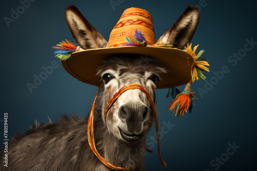 During the Cinco de Mayo festivities, a donkey is wearing a sombrero, a traditional Mexican hat