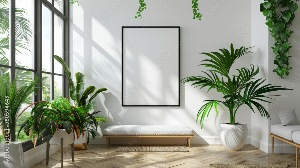 Interior Design, A mockup of a photo frame on a white wall with green indoor plants. Interior Design, A mockup of a photo frame on a white wall with green indoor plants.