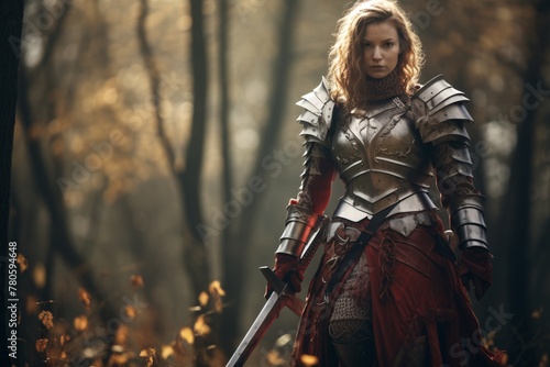 Portrait of a female warrior with a sword in medieval armor in the forest