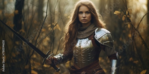 Portrait of a warrior woman with a sword in armor in the forest photo