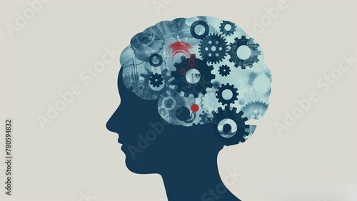 a side profile of a human head in silhouette, colored in blue, with a series of interlocking gears of different sizes and shades of gray inside the brain area