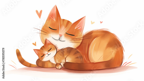 cute watercolor picture of a mother cat and her baby, caring for children, white background