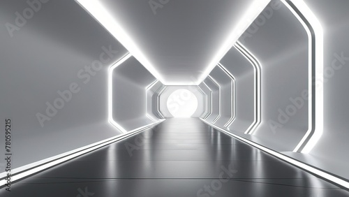 3d Tunnel Background. white tunnel background Abstract white light. Empty white future 3D neon background futuristic corridor modern interior silver road black wall.