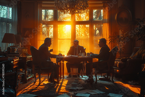Three men sit at a table in a sunlit living room  sharing an event