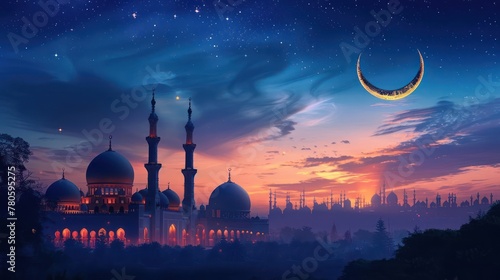 A beautiful mosque is silhouetted against a crescent moon and a starry night sky