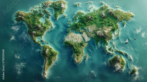 3D World map of the Earth with exaggerated topographic relief
