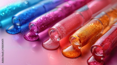 Many different lip glosses on color background
