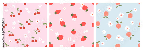 Seamless pattern with cherry, strawberry, peach and cute flower on pink and blue backgrounds vector. Cute fruit prints.