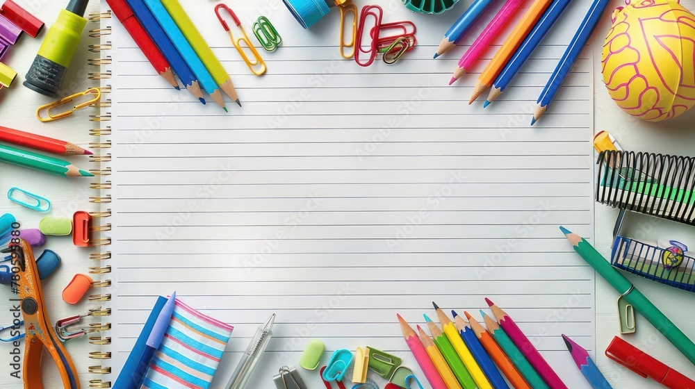 A blank notebook is surrounded by colorful school supplies A blank notebook is surrounded by colorful school supplies