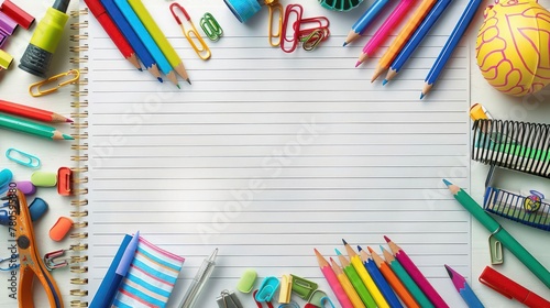 A blank notebook is surrounded by colorful school supplies