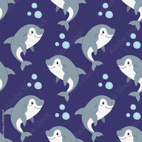 Cute pattern with baby shark with bubbles of sea water for children on a blue background. Marine background, for wallpaper, scrapbooking, wrapped paper, children's clothing.