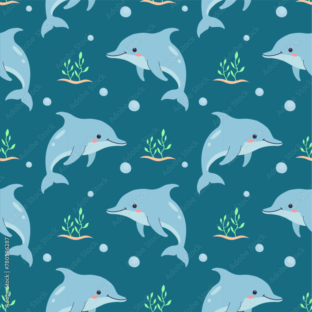 Cute pattern with baby dolphin with bubbles of sea water and seaweed for children on a blue background. Marine background, for wallpaper, scrapbooking, wrapped paper, children's clothing. Cute pattern with baby dolphin with bubbles of sea water and seaweed for children on a blue background. Marine background, for wallpaper, scrapbooking, wrapped paper, children's clothing.
