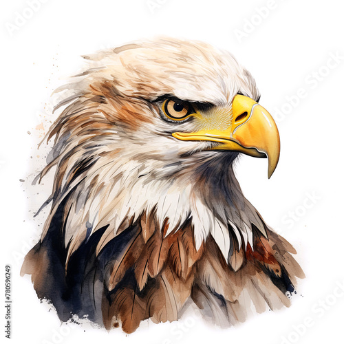 A detailed digital watercolour illustration of a bald eagle. Closeup portrait on white background.