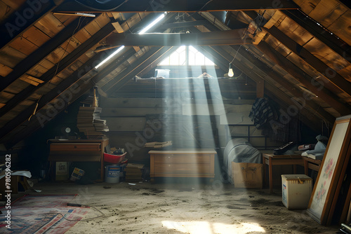Sunlight streams through an attic window, illuminating dust particles and creating a warm, ethereal atmosphere amidst wooden beams and scattered objects.