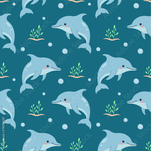 Cute pattern with baby dolphin with bubbles of sea water and seaweed for children on a blue background. Marine background, for wallpaper, scrapbooking, wrapped paper, children's clothing.