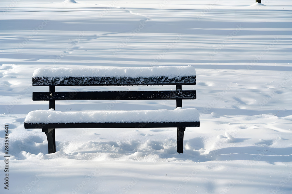 Winter scene with an empty park bench covered in fresh snow, with a white snowy background and space for text.