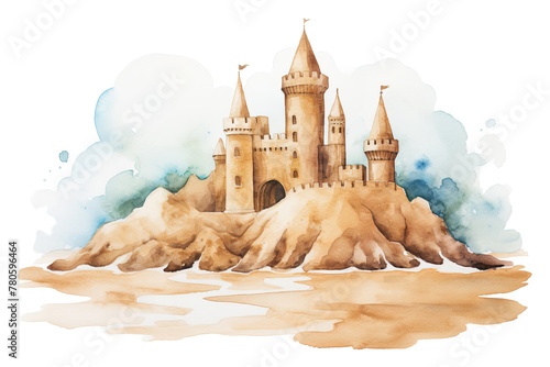 Fairy tale sandcastle on the beach. Digital watercolour on white background. 