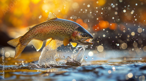 Jumping rainbow trout in the lake