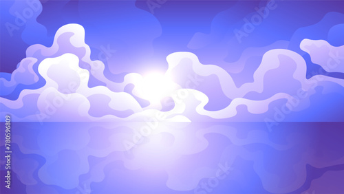 The blue sky with fluffy clouds is reflected in the water surface of the horizontal landscape.