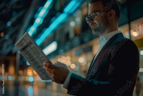 A man in formal wear and glasses reads a newspaper in electric blue city lights