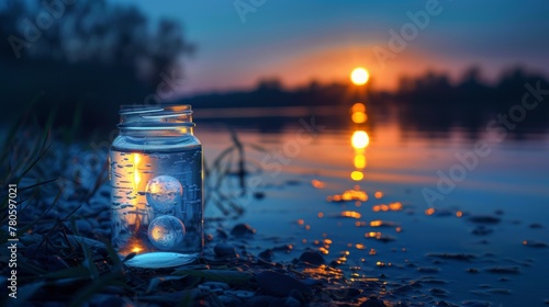 A glass jar with a light inside sitting on the ground, AI © starush