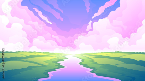 Beautiful pink sunset over the river. Cloudscape is reflected in the flowing river around the grassland green fields.
