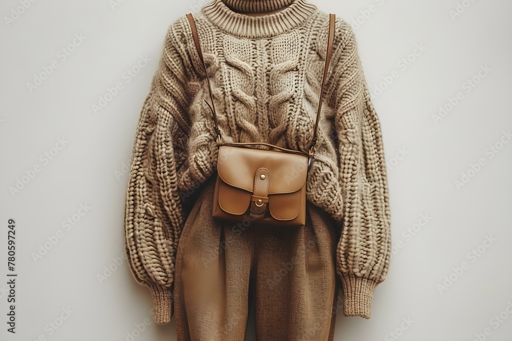 Flat lay of womens casual outfit with brown pants beige sweater and bag. Concept Fashion, Women's Outfit, Casual Style, Flat Lay Photography, Brown Pants - obrazy, fototapety, plakaty 