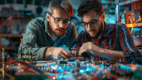 Two men working on a circuit board together in the dark, AI