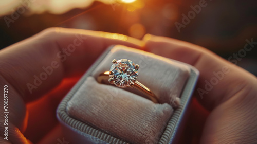 Engagement Proposal, Hand holding engagement ring in box at sunset, evoking anticipation.
