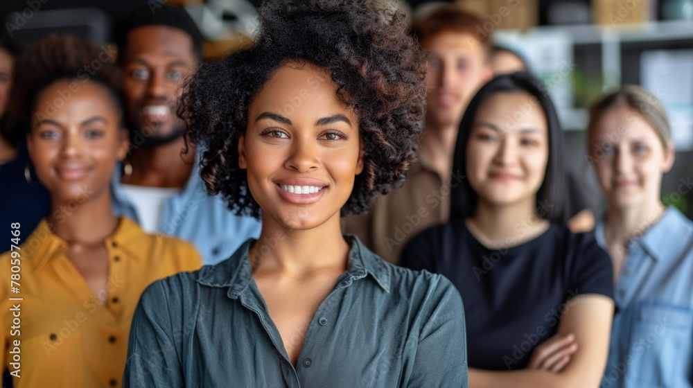 A group of people standing in a line with one woman smiling, AI A group of people standing in a line with one woman smiling, AI