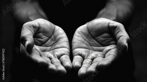 Black and white poverty hands opening with palms up on dark room background