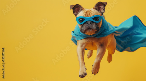 rescue dog, super dog in a blue hero cape flies on a yellow background © Katrin_Primak