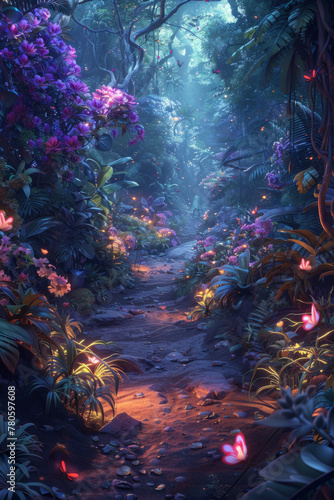 Enchanted Forest  A mystical pathway through a luminescent floral forest.