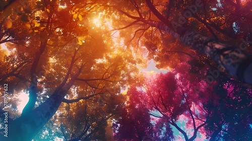 colorful trees from underneath looking up graphic poster web page PPT background photo