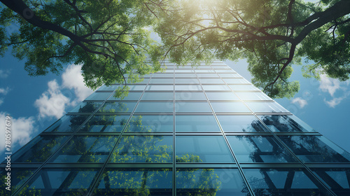 
Sustainble green building. Eco-friendly building. Sustainable glass office building with tree