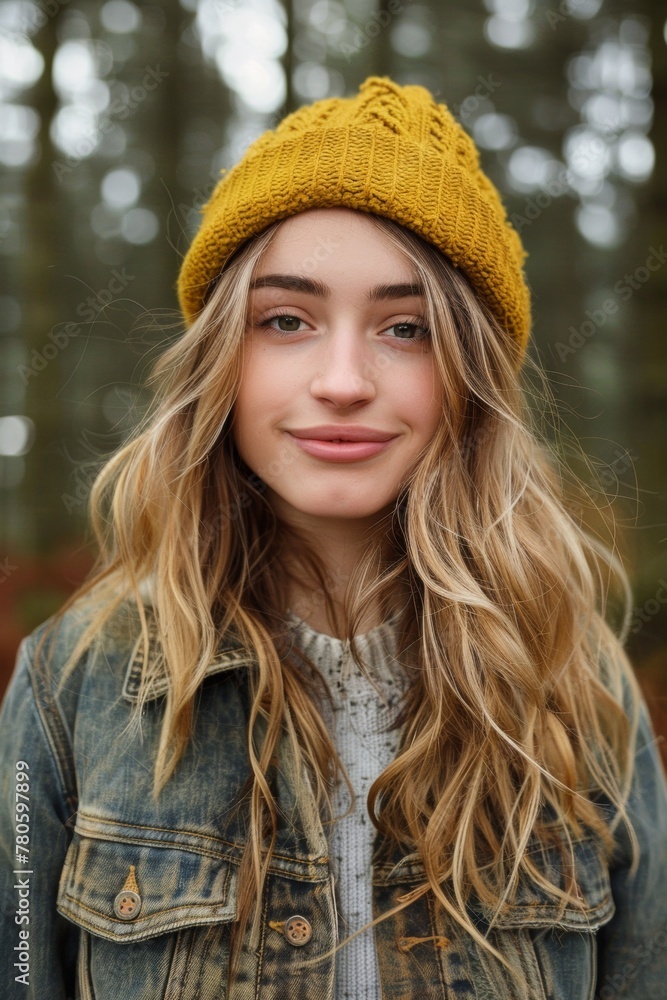 A woman wearing a yellow hat and denim jacket standing in front of trees, AI A woman wearing a yellow hat and denim jacket standing in front of trees, AI