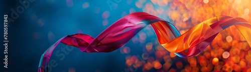 Elegant pink and orange silk ribbons twist in the air against a warm, glowing bokeh light background, evoking a sense of celebration and festivity.