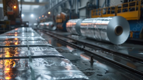 Row of rolls of aluminum in production shop of plant. photo