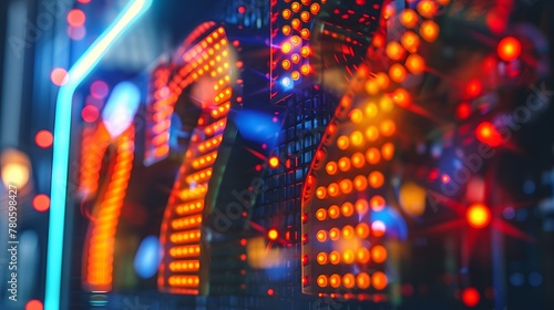 Colorful electronic circuit board with orange and blue lights reflecting on the surface