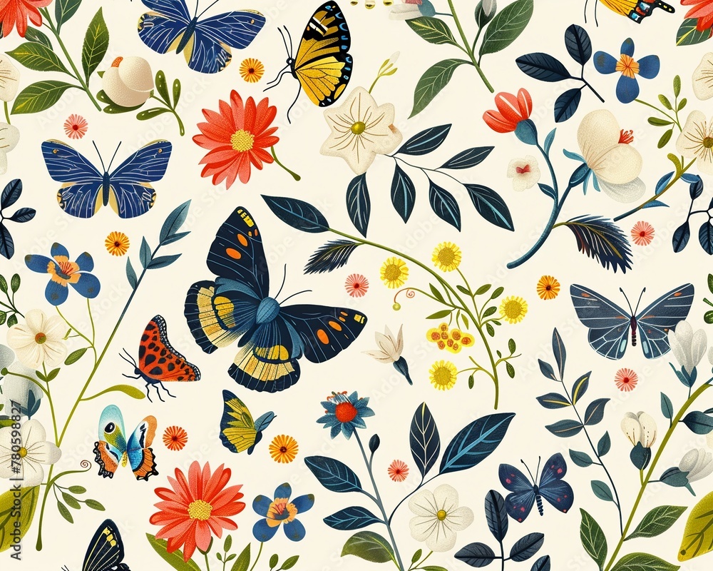 Design a vector pattern featuring motifs inspired by spring, such as floral patterns, butterflies, and springtime animals, suitable for use in textiles, stationery Design a vector pattern featuring motifs inspired by spring, such as floral patterns, butterflies, and springtime animals, suitable for use in textiles, stationery